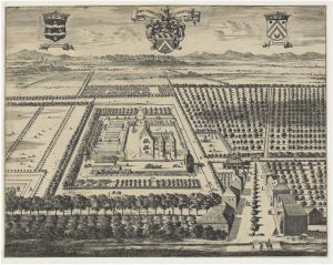 Zelandia Illustrata II-963. Gezicht op het kasteel Popkensburg en omgeving. Bovenaan in het midden het wapen Boudaen. Ter weerszijden die van Popkensburg (links) en Sint Laurens (rechts). Kopergravure uit Smallegange, Cronyk van Smallegange, Middelburg 1694. Hoog 26,8 cm, breed 34,4 cm.