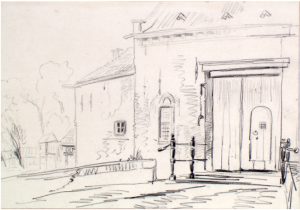 Zelandia Illustrata II-976. Voorpoort van kasteel Popkensburg. Tekening door J. Pelgrom, 1859. Hoog 28,6 cm, breed 37,5 cm. In bruikleen bij het Zeeuws Archief.