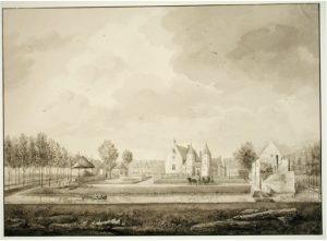 Zelandia Illustrata II-968. Popkensburg gezien vanaf de voorzijde. Tekening door J.H. Reygers, 1823. Hoog 41,6 cm, breed 59,5 cm. In bruikleen bij het Zeeuws Archief.