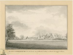 Zelandia Illustrata II-967. Popkensburg gezien vanaf het dorp. Tekening door J.H. Reygers, 1808. Hoog 20 cm, breed 28,6 cm. In bruikleen bij het Zeeuws Archief.
