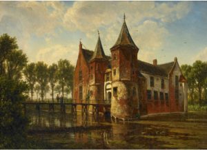 G 2650. Schilderij van kasteel Popkensburg door W.J. van den Berghe, tweede helft negentiende eeuw. Olieverf op karton, hoog 30,5 cm, breed 41 cm. In bruikleen bij het Zeeuws Museum.