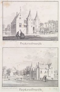 Zelandia Illustrata II-965. Popkensburg, voor- en achterzijde, getekend door Cornelis Pronk, 1743.Hoog 15 cm, breed 8 cm. In bruikleen bij het Zeeuws Archief.