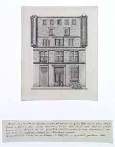 Zelandia Illustrata II-715. Het huis Rosenburch in de Lange Delft te Middelburg, tekening door Pieter Snijdersmet aantekeningen van Jacob Verheye van Citters, 1782. Hoog 23 cm, breed 19 cm.In bruikleen bij het Zeeuws Archief.
