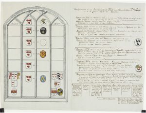 Zelandia Illustrata II-1979. Tekening van het glasraam van de Bontwerkers- of Tuyll van Serooskerkekapel in de Sint Lievensmonsterkerk te Zierikzee door Jacob Verheye van Citters. Hoog 26,8 cm, breed 25 cm. In bruikleen bij het Zeeuws Archief.