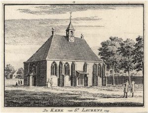 Zelandia Illustrata II- 961. De kerk van Sint-Laurens, kopergravure door H. Spilmannaar een tekening van Cornelis Pronk, 1743. Hoog 7,6 cm, breed 10,2 cm. In bruikleen bij het Zeeuws Archief.