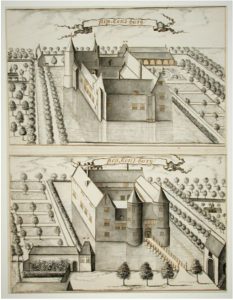 Zelandia Illustrata II-964. De voor- en achterzijde van kasteel Popkensburg. Tekening door I. Hildernisse, 1695. Hoog 55,3 cm, breed 42,5 cm. In bruikleen bij het Zeeuws Archief.