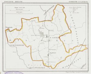 Zelandia Illustrata I-338. Kaart van de voormalige gemeente Sint-Laurens. Steendruk, z.n., met adres van Hugo Suringar, te Leeuwarden, 1866. Schaal van 1 : 37500. Hoog 14,8 cm, breed 18,6 cm. Uit: J. Kuyper, Gemeenteatlas van Zeeland.In bruikleen bij het Zeeuws Archief.