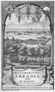 Zelandia Illustrata II-5. Titelpagina uit Gargon, Walcherse Arkadia, Leiden 1715. Kopergravure door Bleysweyk. Hoog 13,5 cm, breed 8,5 cm. In bruikleen bij het Zeeuws Archief.