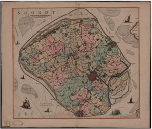 Zelandia Illustrata I-240. Kaart van Walcheren door N. Visscher, laatste kwart zeventiende eeuw, waarop in kleur de verschillende ambachten, steden, dorpen en buitenplaatsen zijn aangegeven. Hoog 46,5 cm, breed 53 cm. In bruikleen bij het Zeeuws Archief.