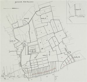 Zelandia Illustrata II-980. Plattegrond van de veiling van de hofsteden  Het kasteel Popkensburg en Klein Popkensburg, steendruk, 1924. Hoog 56 cm, breed 55 cm.In bruikleen bij het Zeeuws Archief.
