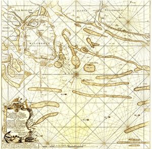 Zelandia Illustrata I-185Zeekaart van Oostende tot de kop van Schouwen. Gravure door Joannes van Keulen en zonen te Amsterdam naar tekening door Stephanus van der Loeff, burgemeester van Veere, en Bonifacius Cau, Kapitein ter Zee, 1774. Hoog 62,5 cm, breed 62 cm. In bruikleen bij het Zeeuws Archief.