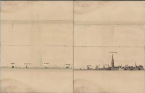 Zelandia Illustrata II-8-10 en II-8-11De kust van Walcheren van Westkapelle tot Vlissingen. Twee pentekeningen uit een serie van 27 tekeningen door A. Moleyn, 1737. Hoog 32 cm, breed 20 cm. In bruikleen bij het Zeeuws Archief.